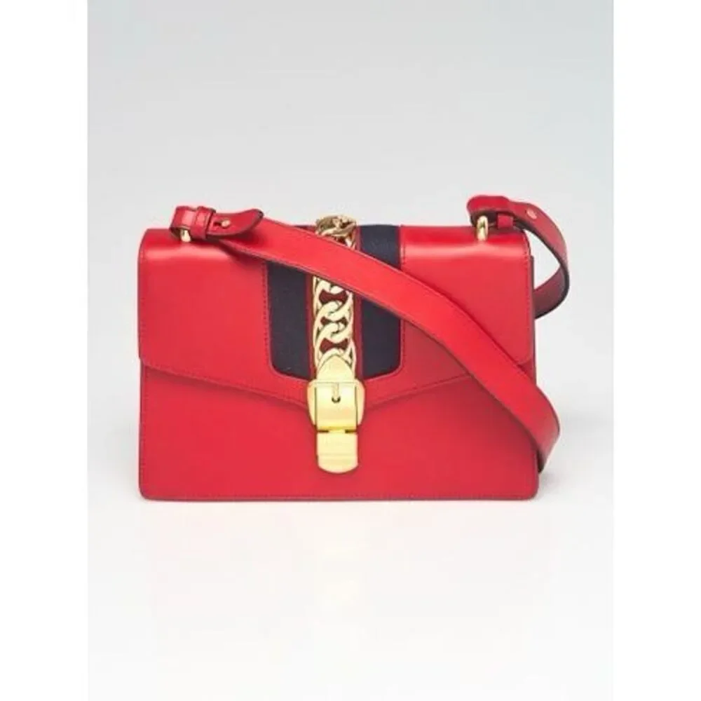 Authentic GUCCI Red Calfskin Leather Small Sylvie Shoulder Bag